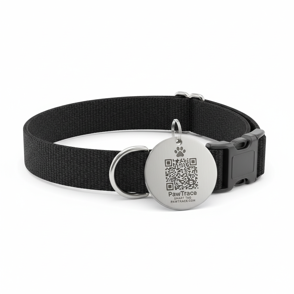 PawTrace Smart QR Pet Tag on a dog collar